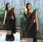 Ruffle Georgette Saree Black Colour